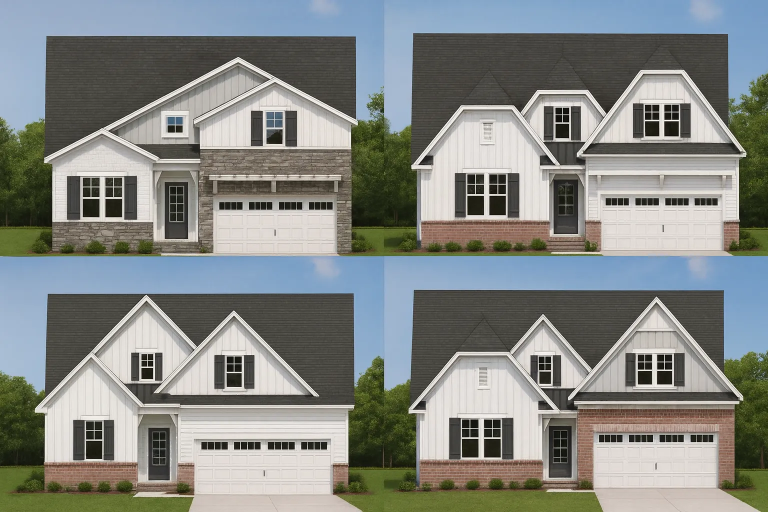 Front view of a Modern Farmhouse style home featuring board and batten siding, stone base accents, and a front-entry two-car garage