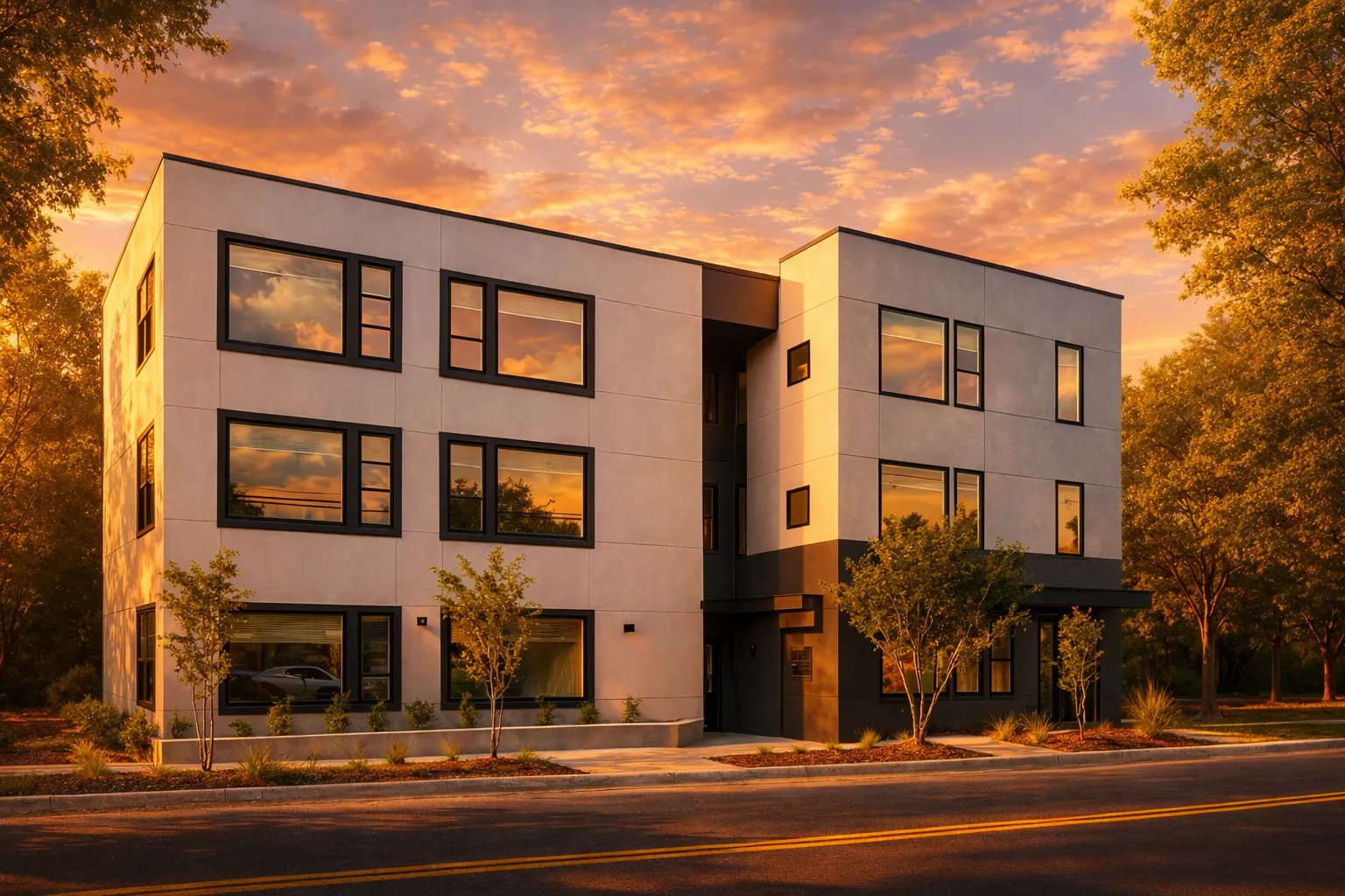 Front elevation of a contemporary urban apartment building with smooth stucco exterior, flat rooflines, and large rectangular windows
