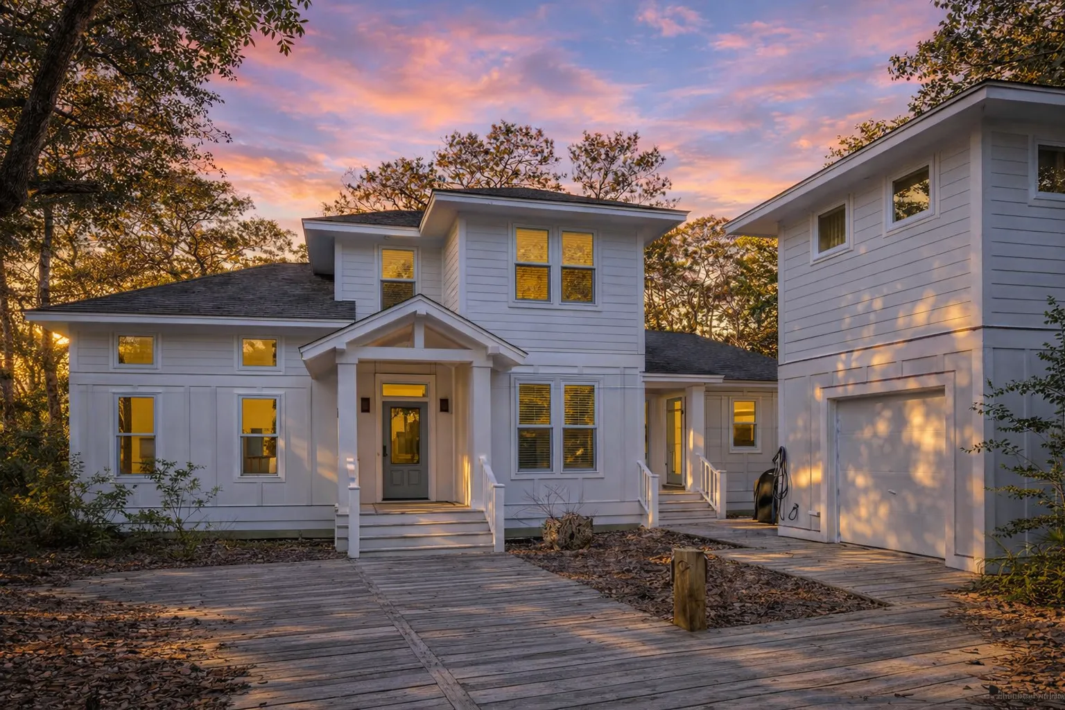 Front elevation of a New American farmhouse style home with white lap siding, black shutters, symmetrical windows, and covered entry porch