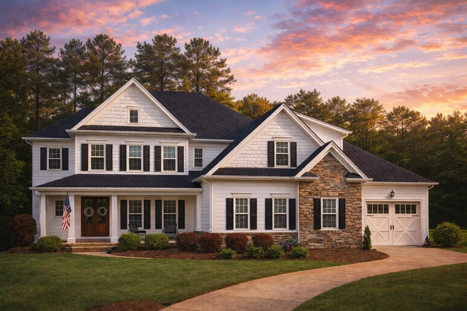 Front elevation of Traditional Colonial style home with white clapboard siding, black shutters, gable roof, and attached garage