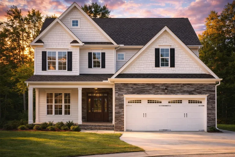 Sloping Lot House Plans 10 Front elevation of a New American Modern Traditional house featuring shingle accents, horizontal siding, covered entry, and attached two-car garage