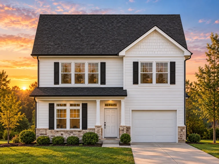 Cottage House Plans 7 Front view of a Traditional Colonial style home featuring a balanced facade, horizontal siding with stone accents, black shutters, and a single-car garage.