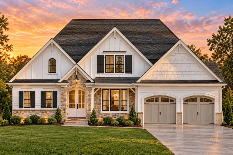 Front elevation of New American Craftsman style home with blue horizontal siding, stone entry, and two-car garage