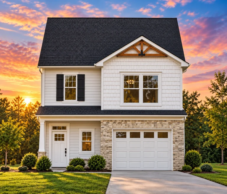 Contemporary House Plans 7 Front view of a New American Modern Traditional two-story house with mixed siding, board and batten accents, stone veneer, and a one-car garage