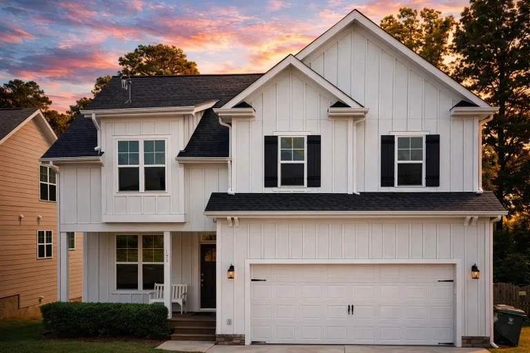 Front elevation of a New American modern traditional house with board and batten siding, gabled rooflines, and attached two-car garage