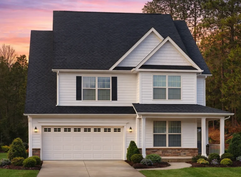 Front elevation of a Traditional Colonial style home with blue horizontal siding, green shutters, gabled roof, and attached two-car garage