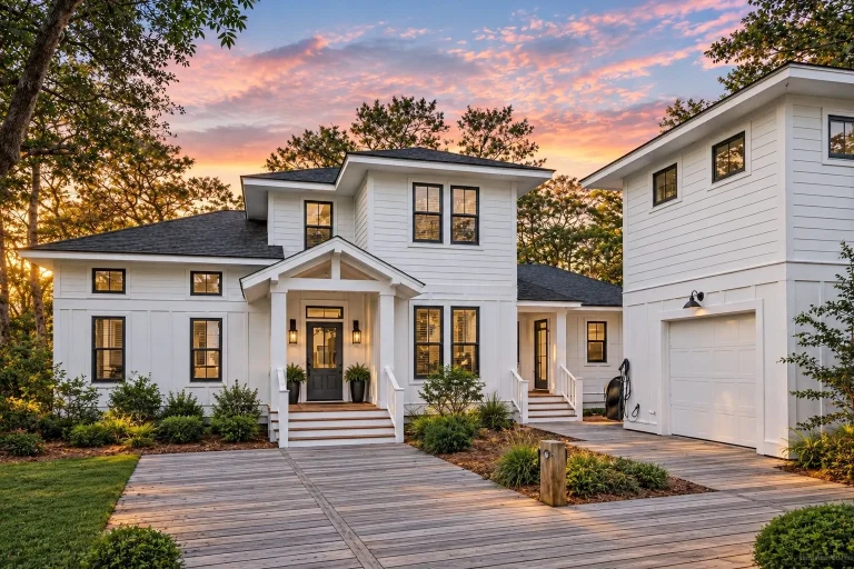 Mountain Contemporary House Plans 9 Front elevation of a New American farmhouse style home with white lap siding, black shutters, symmetrical windows, and covered entry porch