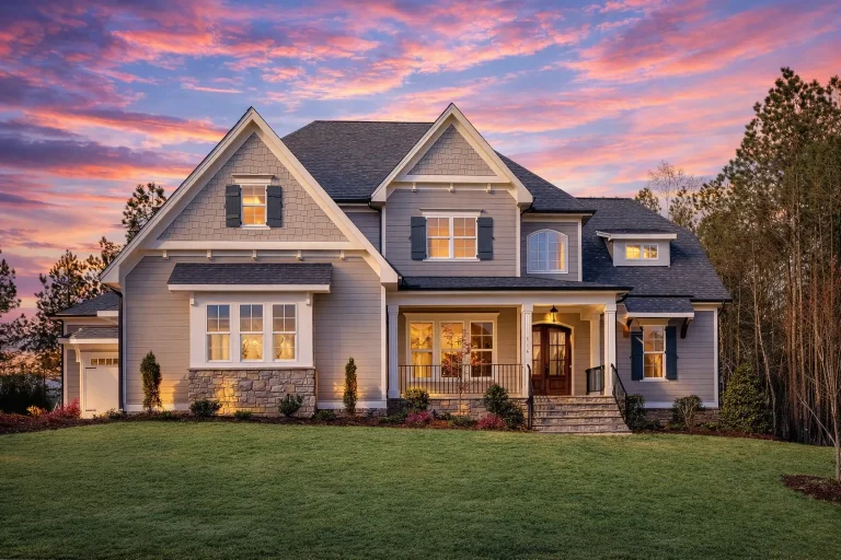 French Country Farmhouse Plans 11 Front elevation of a Traditional New American style home featuring horizontal siding, shake accents, stone veneer, and a welcoming covered entry
