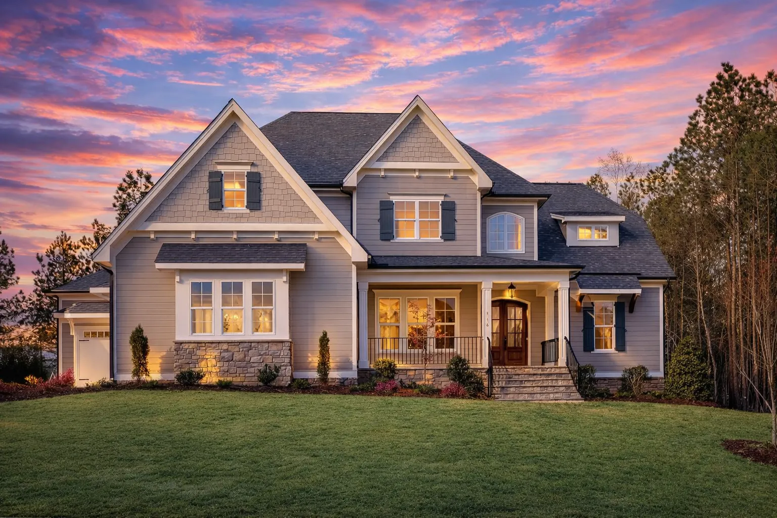 Front elevation of a Traditional New American style home featuring horizontal siding, shake accents, stone veneer, and a welcoming covered entry