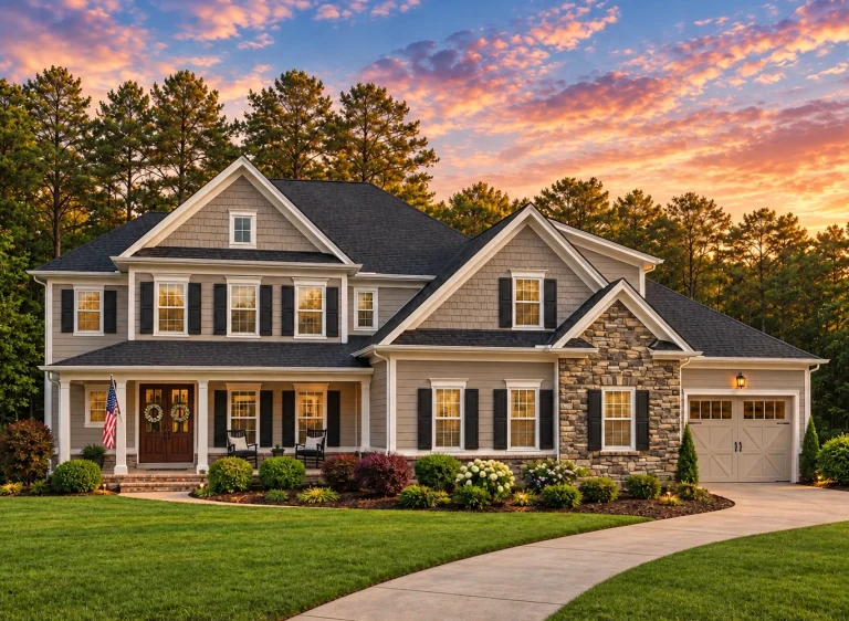 Front elevation of Traditional Colonial style home with white clapboard siding, black shutters, gable roof, and attached garage