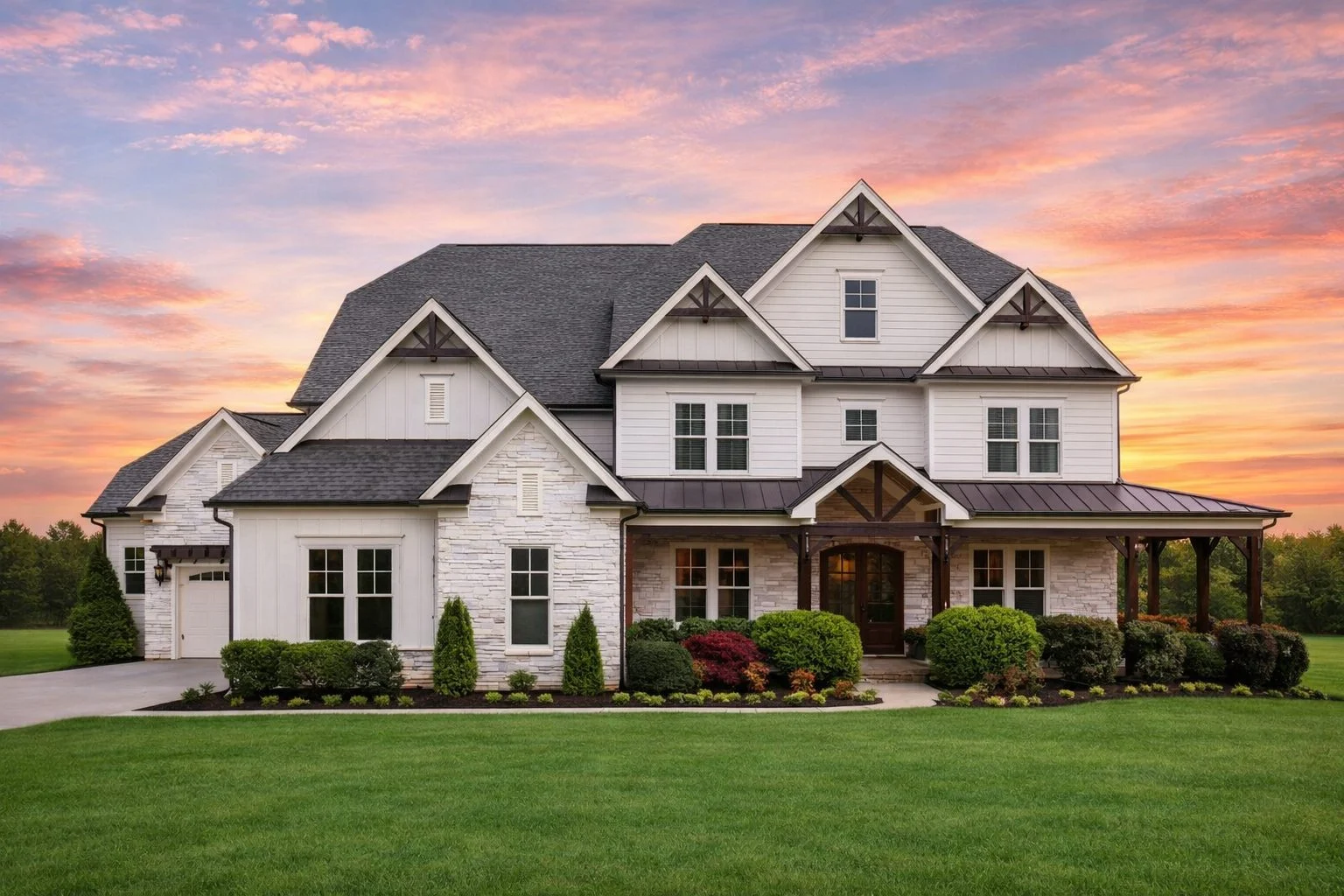 Front exterior of a Traditional Colonial style home with brick facade, board and batten siding, gabled rooflines, and a covered Craftsman-style porch