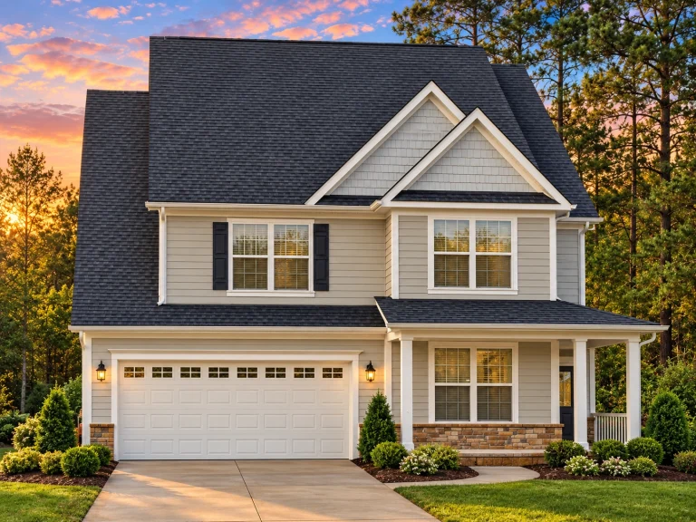Front elevation of a Traditional Colonial style home with blue horizontal siding, green shutters, gabled roof, and attached two-car garage