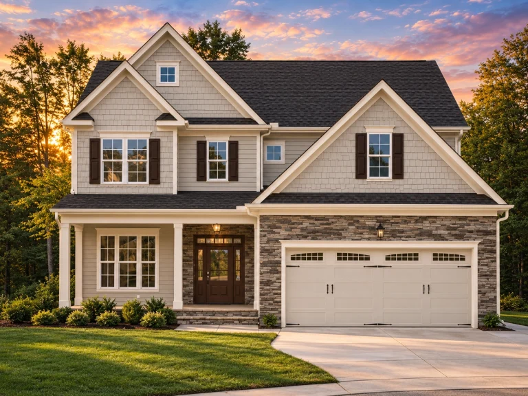 Mid-Size House Plans 11 Front elevation of a New American Modern Traditional house featuring shingle accents, horizontal siding, covered entry, and attached two-car garage