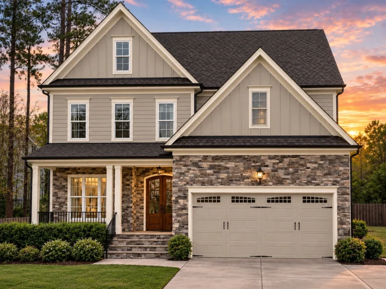 Front elevation of a New American style two-story house with horizontal siding, stone garage accent, black shutters, and symmetrical curb appeal