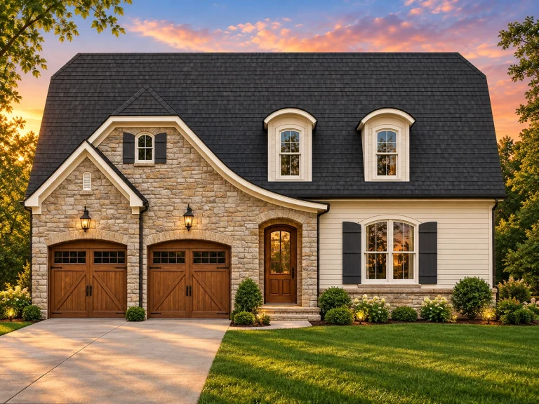 Front elevation of a French Country European style home with stone facade, lap siding, steep rooflines, and carriage-style garage doors