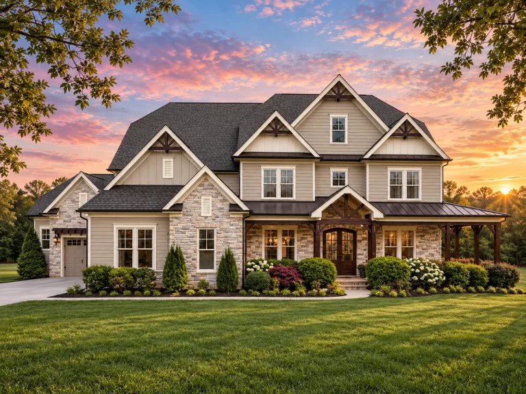Front exterior of a Traditional Colonial style home with brick facade, board and batten siding, gabled rooflines, and a covered Craftsman-style porch