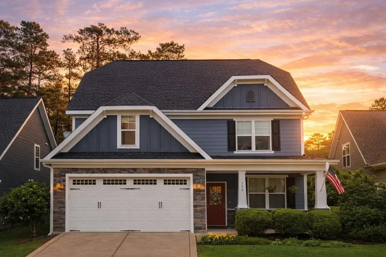 Front view of a Craftsman Traditional style two-story home featuring blue lap siding, board and batten gables, and stone details at the base with a welcoming covered porch entry.