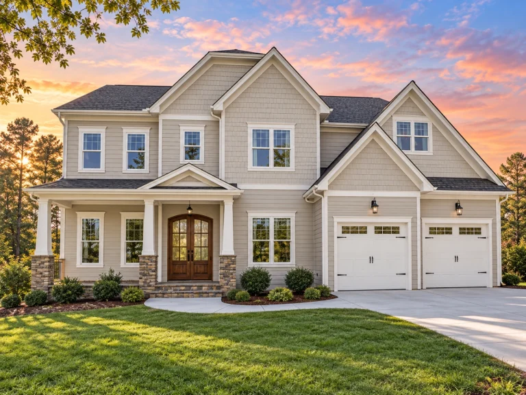 Tudor House Plans 20 Front elevation of a New American Modern Traditional two-story home with dark horizontal lap siding, white trim, brick porch columns, gable rooflines, and an attached two-car garage.