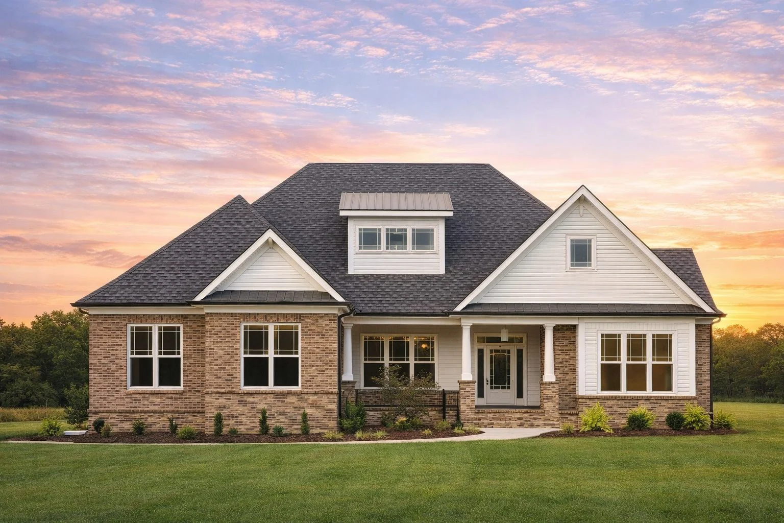 Front elevation of a Traditional New American style home with brick exterior, horizontal siding, gabled rooflines, and covered entry porch