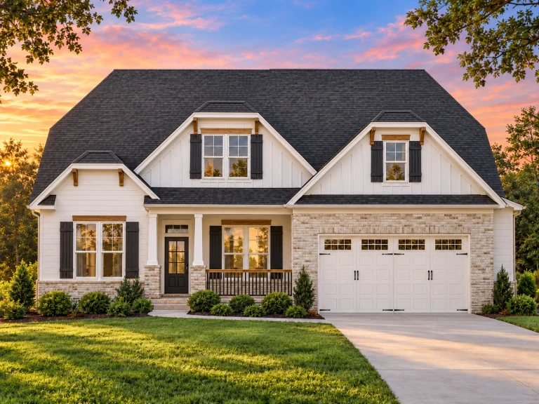 Front elevation of a New American Modern Traditional house with horizontal siding, stone accents, black shutters, and an attached two-car garage