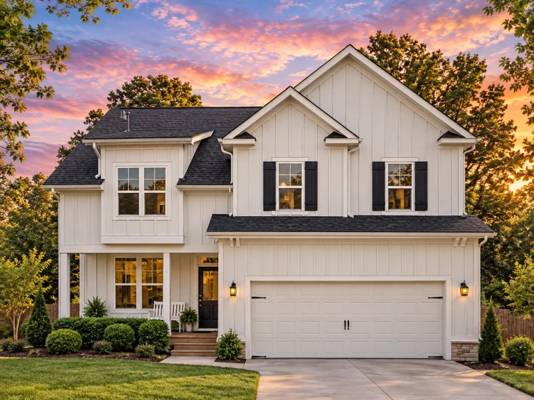 Front elevation of a New American modern traditional house with board and batten siding, gabled rooflines, and attached two-car garage