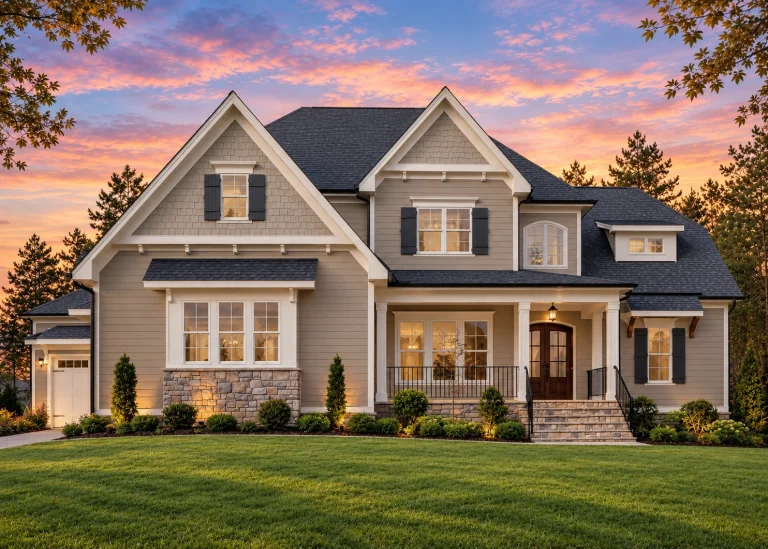 Tudor House Plans 20 Front elevation of a Traditional New American style home featuring horizontal siding, shake accents, stone veneer, and a welcoming covered entry