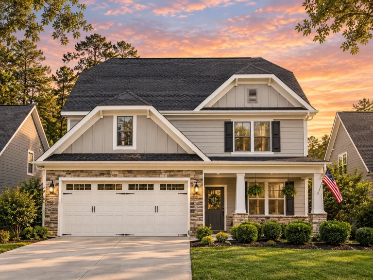 Front view of a Craftsman Traditional style two-story home featuring blue lap siding, board and batten gables, and stone details at the base with a welcoming covered porch entry.