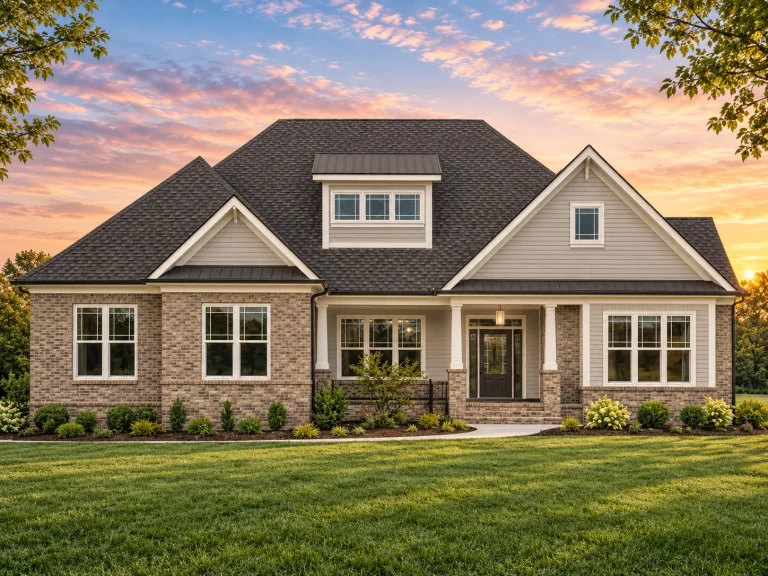 Front elevation of a Traditional New American style home with brick exterior, horizontal siding, gabled rooflines, and covered entry porch