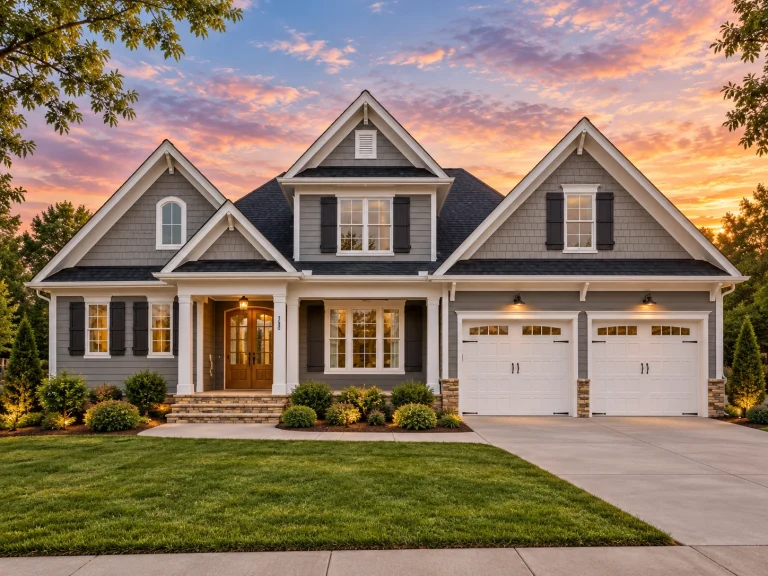 Front view of a Shingle Style Craftsman home with dark shingle siding, white trim, stone accents, and a two-car garage