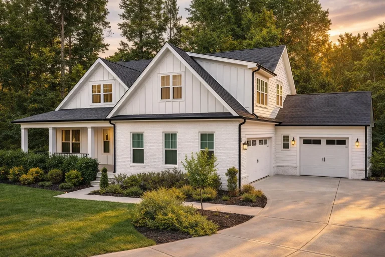Front elevation of a modern farmhouse style home featuring white painted brick, board and batten siding, steep gables, and an attached garage