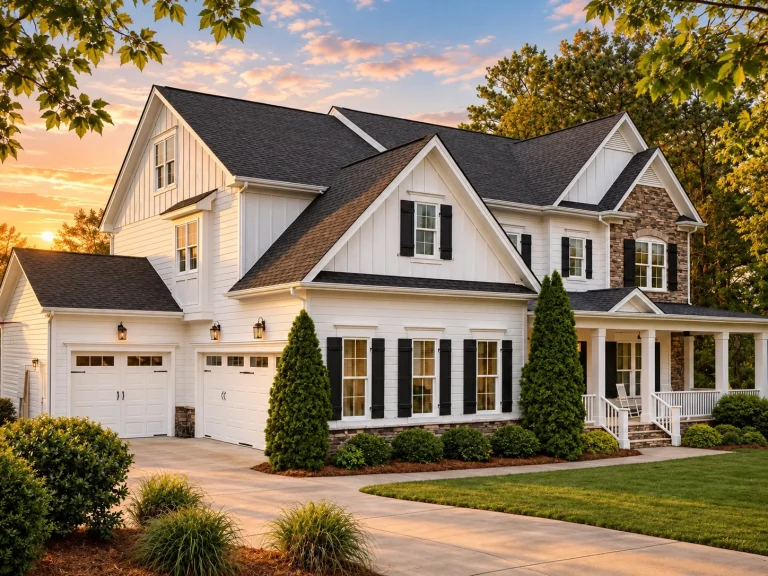 Top Designer-Approved House Plans 24 Front exterior view of a New American style two-story house with board-and-batten siding, gabled rooflines, and traditional suburban curb appeal