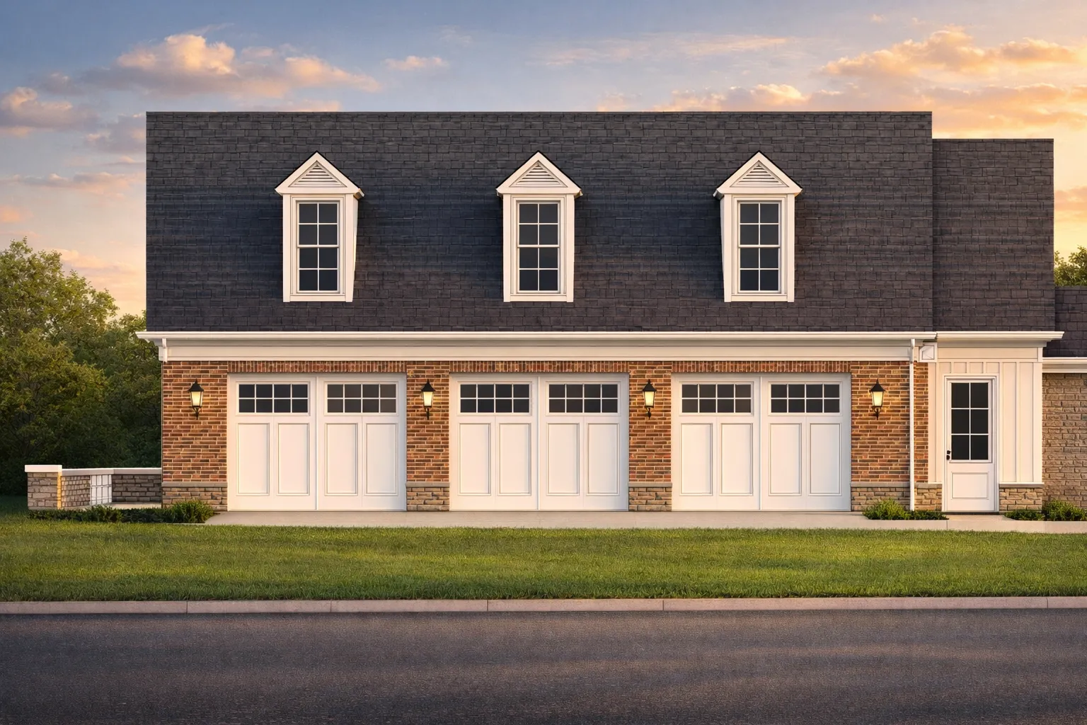 Front elevation of a Traditional Colonial brick garage featuring three wood carriage doors and dormer windows