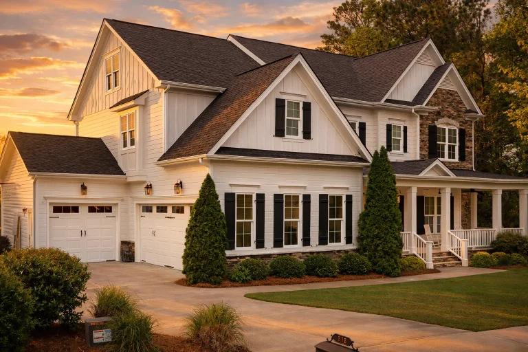 Front exterior view of a New American style two-story house with board-and-batten siding, gabled rooflines, and traditional suburban curb appeal