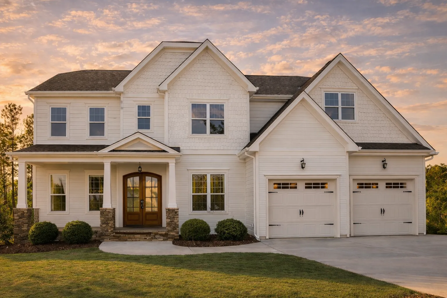 Front elevation of a New American Modern Traditional two-story home with dark horizontal lap siding, white trim, brick porch columns, gable rooflines, and an attached two-car garage.