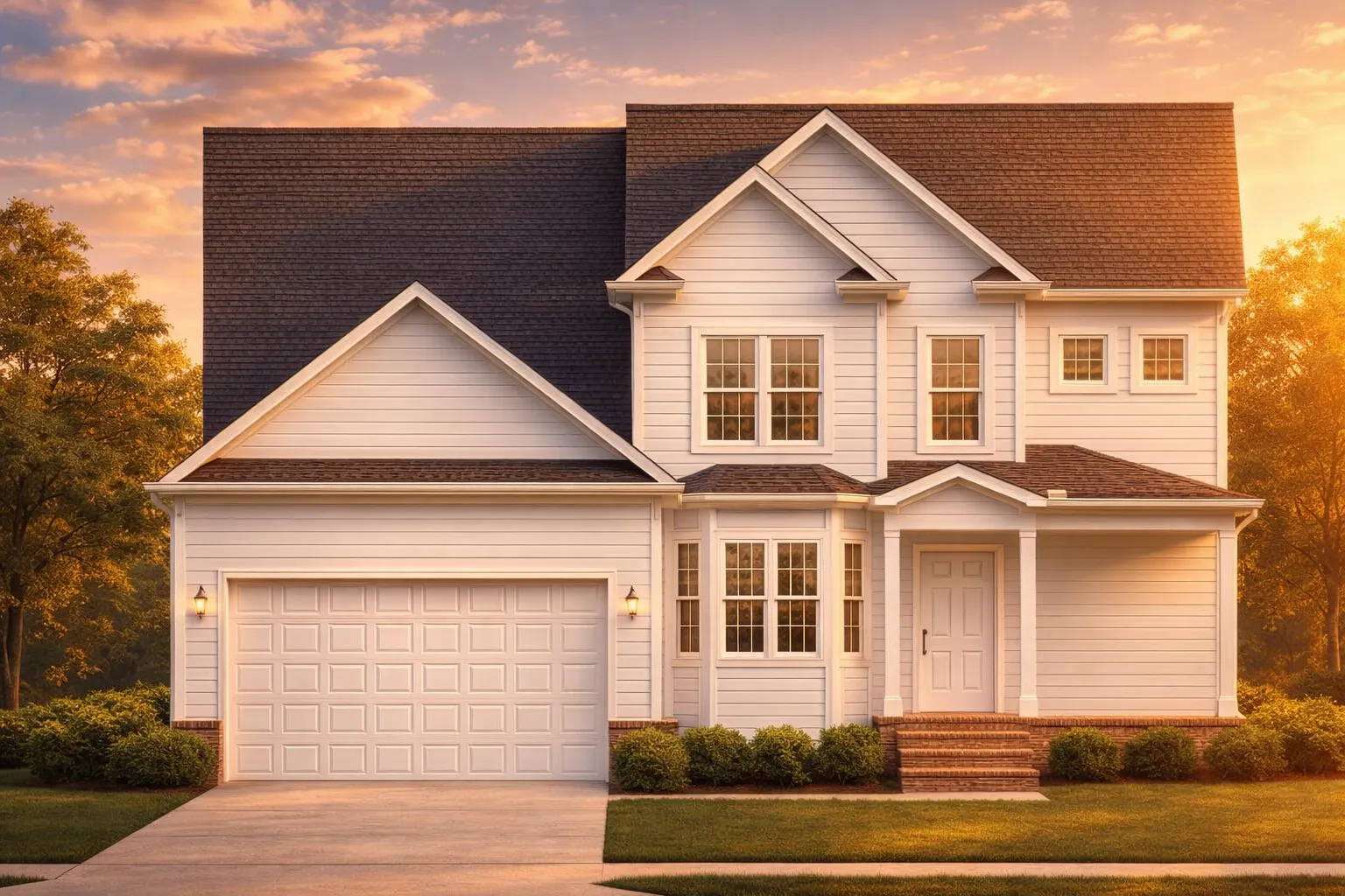 Front elevation of a Traditional New American style home featuring gray horizontal siding, brick accents, and symmetrical windows with brown trim