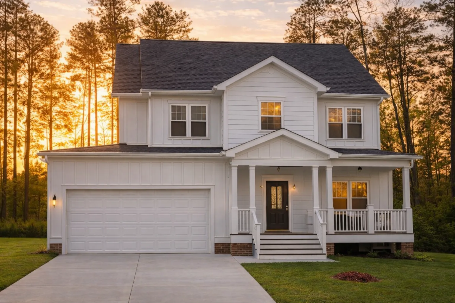 Front elevation of a Traditional Colonial home with brown horizontal lap siding, white trim, and a covered front porch entry