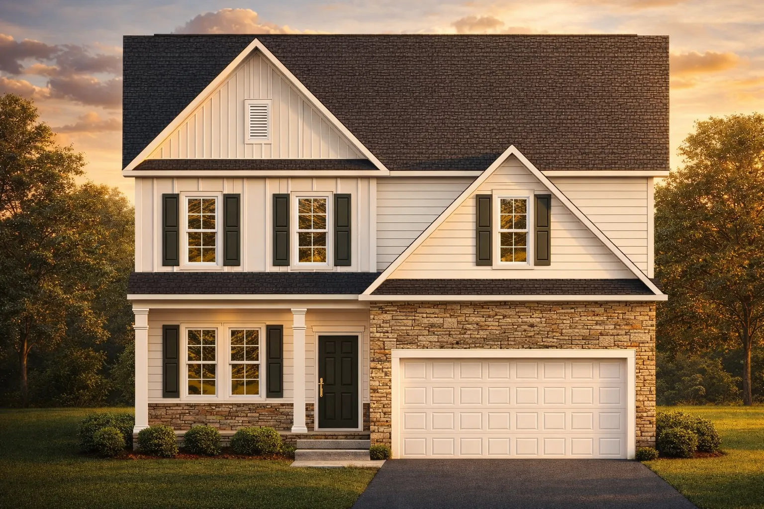 Front elevation of a New American Traditional suburban house with horizontal siding, stone accents, gabled rooflines, and an attached two-car garage
