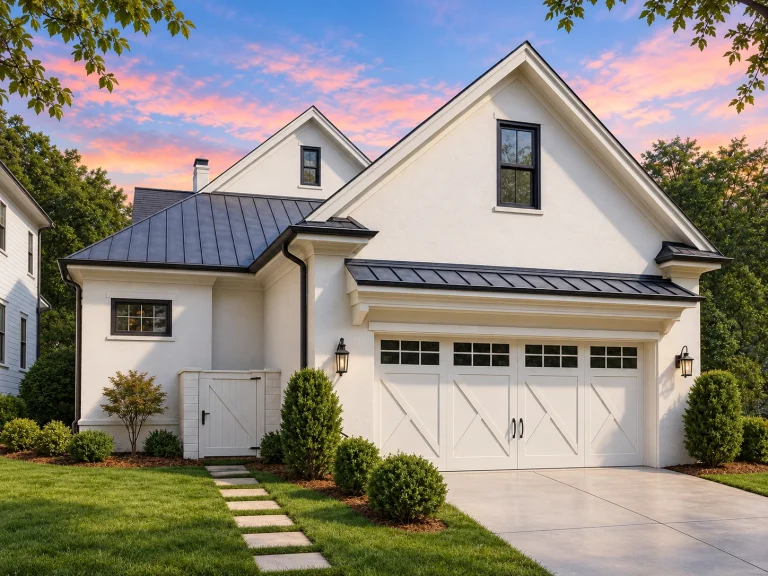 House Plans with Fireplace 18 Front view of a Modern Farmhouse style home featuring smooth white stucco exterior, black metal roof, carriage garage doors, and clean transitional design elements