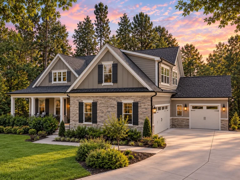 Conventional House Plans 25 Front elevation of a modern farmhouse style home featuring white painted brick, board and batten siding, steep gables, and an attached garage