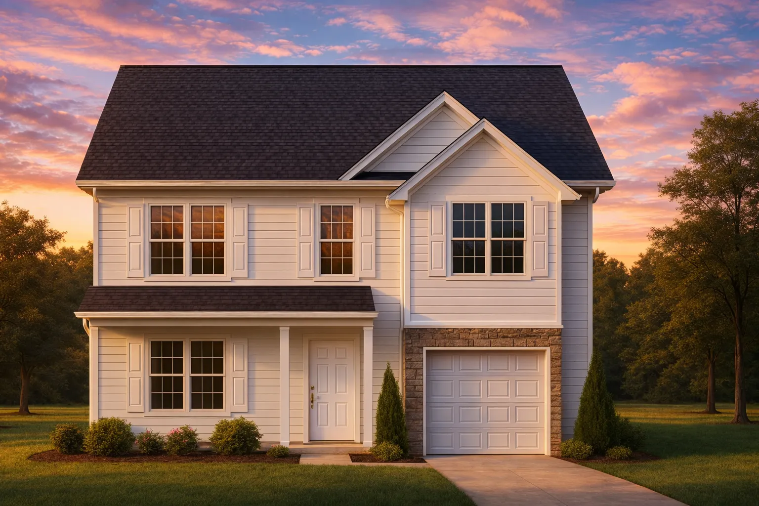 Front view of a Traditional Colonial style home featuring a balanced facade, horizontal siding with stone accents, black shutters, and a single-car garage.