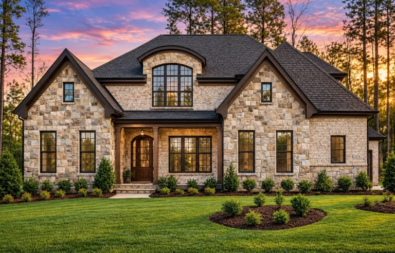 Simple House Plans 12 Front elevation of a New American modern traditional house with stone masonry, brick accents, steep gables, and large windows