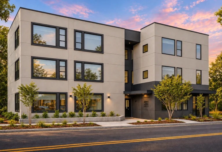 Front elevation of a contemporary urban apartment building with smooth stucco exterior, flat rooflines, and large rectangular windows