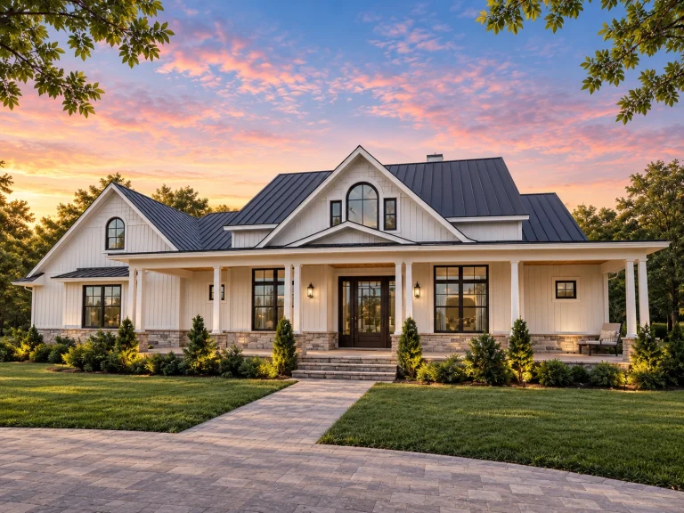 Contemporary House Plans 7 Front exterior of a Southern Farmhouse style home featuring board and batten siding, metal roof, covered wraparound porch, and landscaped walkway