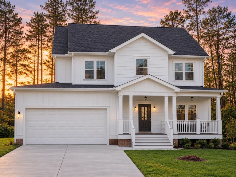 Single Family House Plans 17 Front elevation of a Traditional Colonial home with brown horizontal lap siding, white trim, and a covered front porch entry