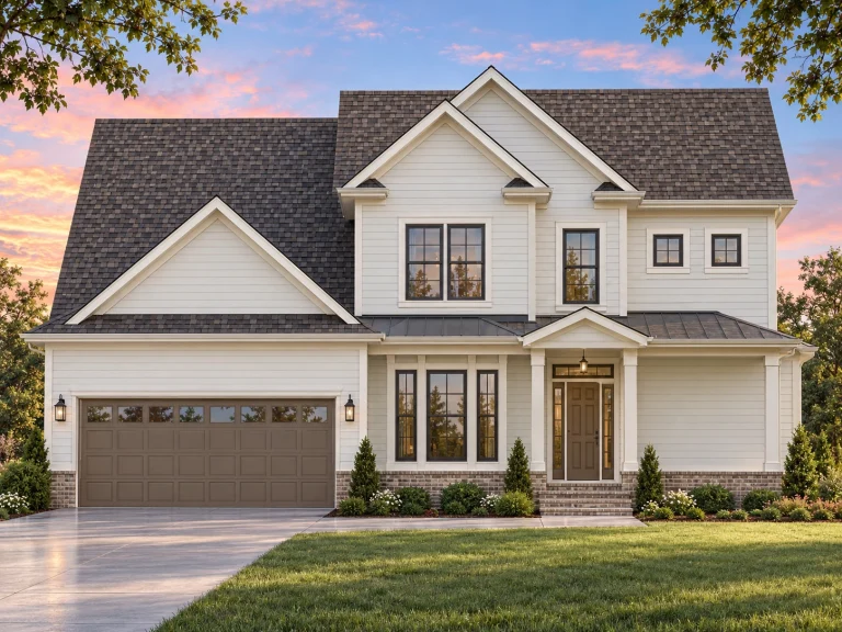 Front elevation of a Traditional New American style home featuring gray horizontal siding, brick accents, and symmetrical windows with brown trim