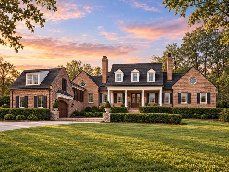 Front exterior of a Georgian Colonial style brick home with symmetrical windows, central entry porch, dormers, and manicured lawn