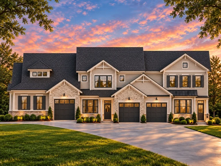 Open Porch House Plans 17 Front elevation of a two-story Traditional Suburban townhome featuring a balanced blend of stone and horizontal siding with double garage and upper gable windows.
