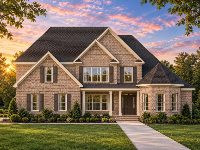 Triplex House Plans 25 Front view of a Traditional Colonial style house featuring a full brick exterior, symmetrical façade, gabled rooflines, and classic double-hung windows with shutters.