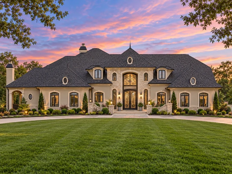 Front elevation of a Neoclassical Colonial style luxury home with stucco exterior, stone accents, arched entry, and symmetrical façade