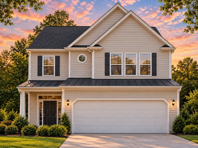 Front elevation of a New American modern traditional home with horizontal siding, black shutters, and attached two-car garage